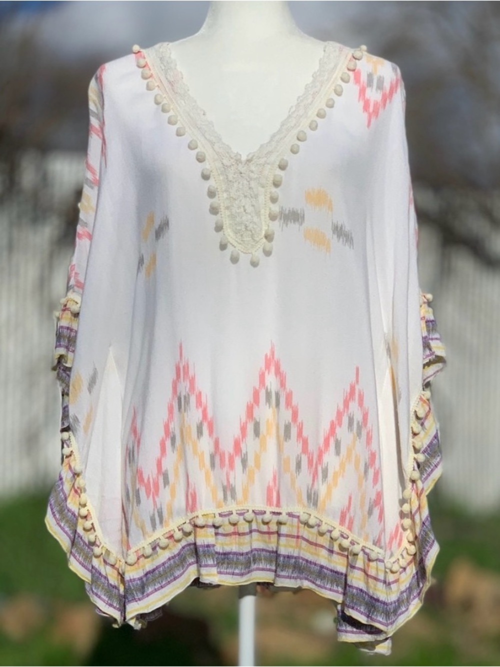 Bali Queen Pastel on White with Pom-Pom Trim Poncho Caftan Swimsuit Cover-Up O/S